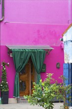 Entrance door with curtain, Burano, Veneto, Italy, Europe