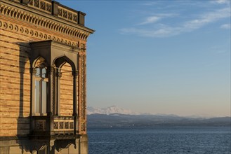 Montfort Castle and Swiss Alps, sunset, Langenargen, Upper Swabia, Lake Constance,