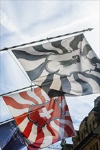 Flags with the coats of arms of Basel and Switzerland, Basel, Canton of Basel-Stadt, Switzerland,