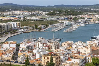 Above the rooftops of the old town of Eivissa, Ibiza Town, with views of the harbour, Ibiza,