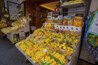 Sales stand with various lemon articles, Amalfi, Amalfi Coast, Amalfitana, Campania, Italy, Europe