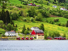 Mountains and Fjord over Norwegian Village, Olden, Innvikfjorden, Norway, Europe