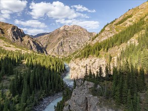 Mountain landscape with river in a narrow mountain valley in autumn, Little Naryn or Kichi-Naryn,