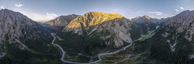 Aerial view, Green Mountain Valley, Chon Kyzyl Suu, Tien-Shan Mountains, Kyrgyzstan, Asia