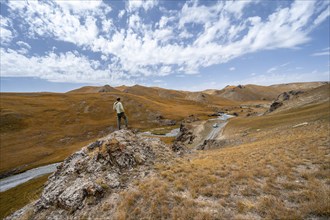 Hiker on a rock, car on road through mountain valley with hills with yellow grass, Naryn province,