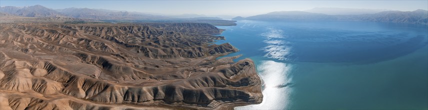 Aerial view, erosion landscape on the Naryn River, Toktogul Reservoir, Kyrgyzstan, Asia