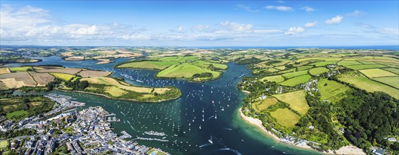 Panorama of Salcombe and Mill Bay over Kingsbridge Estuary from a drone, Batson Creek, Southpool