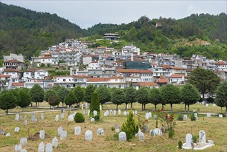 A peaceful cemetery in the foreground with a settlement on the hill in the background on a cloudy