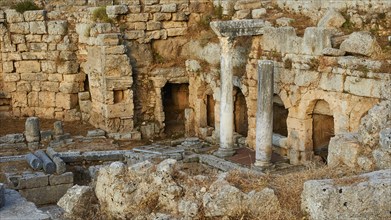 Ancient ruins with column remains and undergrowth in the evening sun, Peirene Fountain,