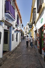 Pedestrians, tourists walking through narrow alley, old town of Cordoba, Cordoba, Andalusia, Spain,