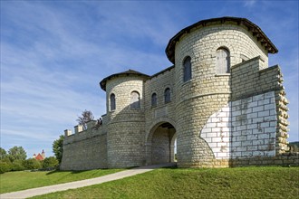 Roman fort Biriciana fort, reconstructed north gate, Porta decumana, St Andrew's church at the