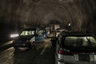 Dirty Vehicles Inside a Test Tunnel for Firefighters for Smoke and Fire in Switzerland