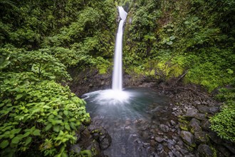 La Paz waterfall, waterfall in dense green vegetation, long exposure, Alajuela province, Costa