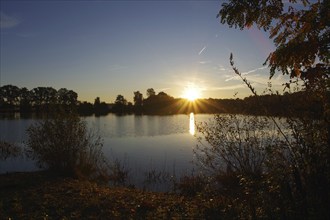 Landscape, Sunrise, Lake, Autumn, Reflection, Germany, The light of the rising sun shines over the