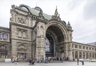 Nuremberg Central Station, exterior view of the building with Deutsche Bahn AG logo. Nuremberg,