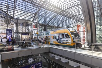 Central station with platform hall with glass roof construction, ODEG regional train, Berlin,