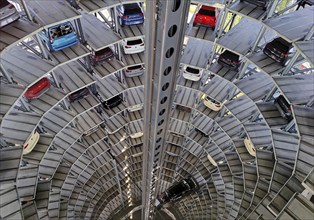 New cars for delivery in the Autoturm, interior view from top to bottom, Autostadt, Volkswagen AG,