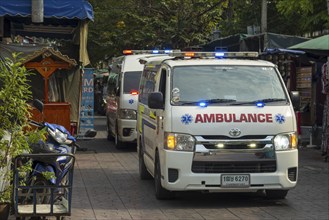 Ambulance, ambulance on duty, at Phra Athit Road, Chana Songkhram, Phra Nakhon, Bangkok, Thailand,