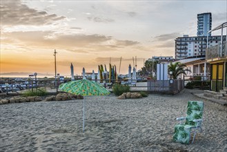 Empty beach, beach chair, beach sunshade, abandoned, tourism, building, dilapidated, empty, nobody,