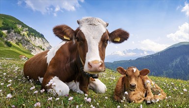 A brown cow and a calf resting on an alpine meadow, Studio, KI generated, AI generated