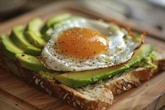 Slice of bread with avocado and fried egg. Generative AI, AI generated