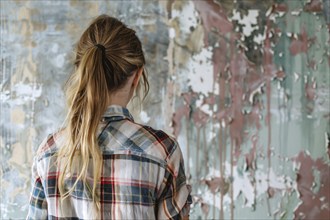 Back view of young woman looking at old run down wall in need of renovation. Generative AI, AI