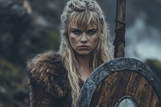 Female viking with shield and spear, AI generated