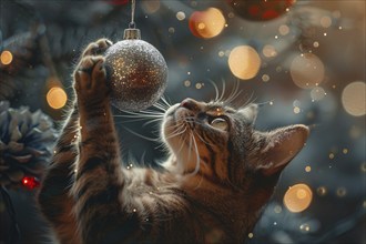 Tabby cat playing with Christmas tree bauble. Generative AI, AI generated