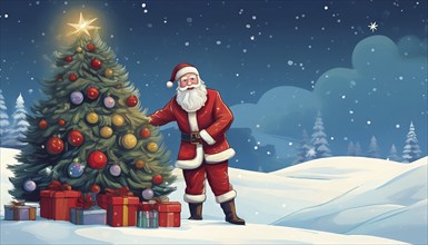 Illustration Father Christmas leaning against a Christmas tree with presents in a winter landscape