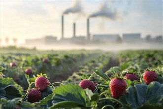 Agricultural field with strawberry fruits and factory with grey fumes in background. Generative Ai,