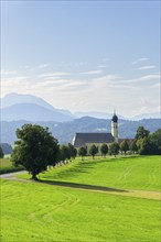 Pilgrimage church of St Marinus in Wilparting, cornfield, avenue, meadow, municipality of