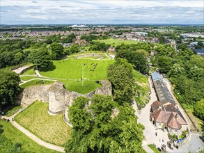 Pontefract Castle from a drone, Pontefract, West Yorkshire, England, United Kingdom, Europe