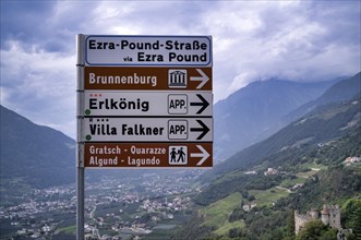 Sign, signpost, Ezra Pound road to Brunnenburg Castle, Dorf Tyrol, Tirolo, South Tyrol, Autonomous