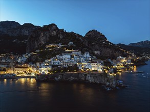 Amalfi at night from a drone, Salerno, Campania, Italy, Europe