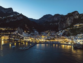 Amalfi at night from a drone, Salerno, Campania, Italy, Europe