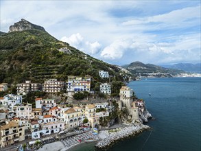 Cetara from a drone, Amalfi Coast, Salerno, Campania, Italy, Europe