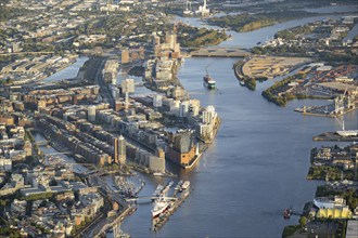 Aerial view of Hamburg harbour at sunset with Elbe, Elbe Philharmonic Hall, Hafen City, Hamburg,