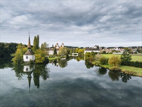 Aerial view of the former Benedictine abbey with the monastery church of St Mary and the pointed