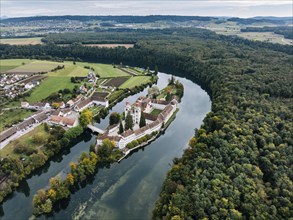 Aerial view of the former Benedictine abbey with the monastery church of St Mary on the Rhine