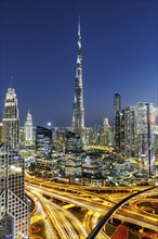 Burj Khalifa skyline tallest building in the world from above at night in Dubai, United Arab