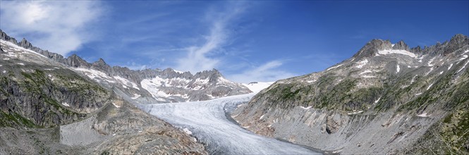 Rhone glacier, valley glacier in the headwaters of the Rhone in the Swiss Alps. Melting glacier,