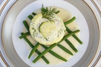 Swabian cuisine, oven-baked pike-perch on princess beans with lemon sauce, fish dish, pike-perch