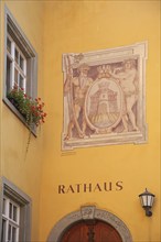 Historical wall painting with town coat of arms, mural, inscription, town hall, Meersburg, Obersee,