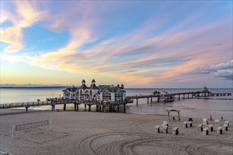 The pier of Sellin, evening mood, sunset, 394 metres long, with restaurant, jetty, beach chairs,