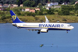 A Ryanair Boeing 737-800 aircraft with the registration SP-RNI at Corfu Airport, Greece, Europe