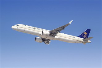 A Saudia Airbus A321neo aircraft with the registration HZ-ASAB at the airport in Dubai, United Arab