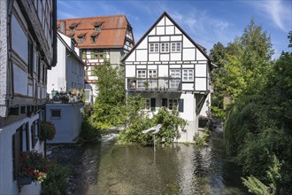 Historic half-timbered buildings in the fishermen's quarter and the Große Blau river arm in the old