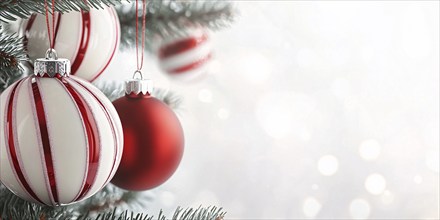 Christmas banner with bauble ornament with red and white stripes on tree with copy space.