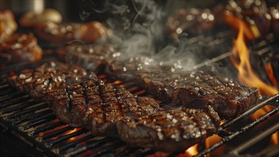 Several beef steaks sizzling on the BBQ. generative AI, AI generated