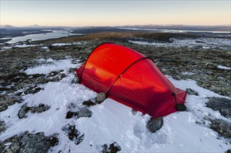 Tent in mountain landscape, Sarek National Park, World Heritage Laponia, Norrbotten, Lapland,